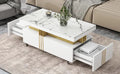 VIDEO Provided ON-TREND Contemporary Coffee Table With Faux Marble Top, Rectangle Cocktail Table With Caster Wheels, Moderate Luxury Center Table With Gold Metal Bars For Living Room, White
