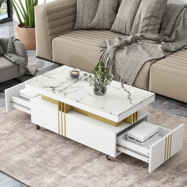 VIDEO Provided ON-TREND Contemporary Coffee Table With Faux Marble Top, Rectangle Cocktail Table With Caster Wheels, Moderate Luxury Center Table With Gold Metal Bars For Living Room, White
