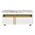 VIDEO Provided ON-TREND Contemporary Coffee Table With Faux Marble Top, Rectangle Cocktail Table With Caster Wheels, Moderate Luxury Center Table With Gold Metal Bars For Living Room, White