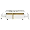 VIDEO Provided ON-TREND Contemporary Coffee Table With Faux Marble Top, Rectangle Cocktail Table With Caster Wheels, Moderate Luxury Center Table With Gold Metal Bars For Living Room, White