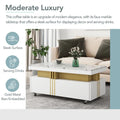 VIDEO Provided ON-TREND Contemporary Coffee Table With Faux Marble Top, Rectangle Cocktail Table With Caster Wheels, Moderate Luxury Center Table With Gold Metal Bars For Living Room, White