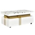 VIDEO Provided ON-TREND Contemporary Coffee Table With Faux Marble Top, Rectangle Cocktail Table With Caster Wheels, Moderate Luxury Center Table With Gold Metal Bars For Living Room, White